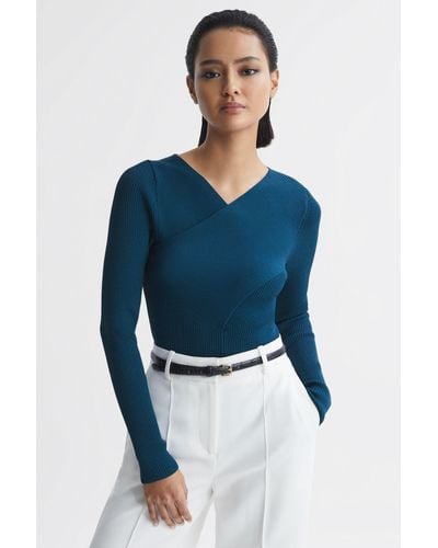 Reiss Heidi - Teal Knitted Wrap Long Sleeve Top, S - Blue