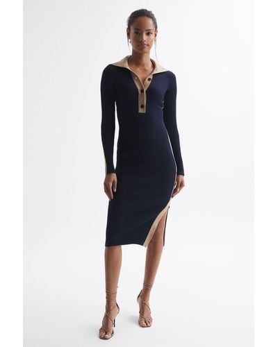 Reiss Nikola - Navy/camel Petite Knitted Bodycon Midi Dress, L - Blue