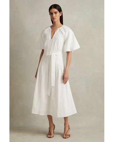 Reiss Alice - White Lyocell Blend Puff Sleeve Midi Dress - Natural
