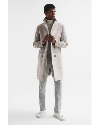 Reiss Billet - Soft Gray Double Breasted Long Checked Overcoat, Xl - Multicolor