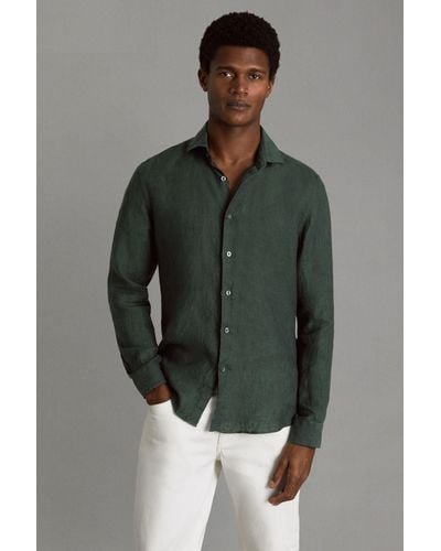 Reiss Ruban - Dark Green Linen Button-through Shirt - Gray