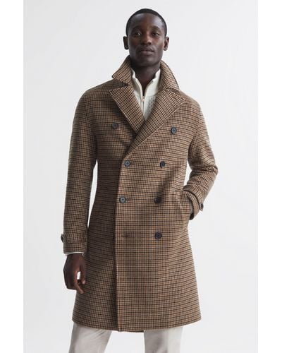 Reiss Unity - Camel Modern Fit Wool Blend Double Breasted Dogtooth Coat, S - Brown