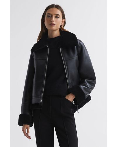 Reiss Melody - Black Reversible Leather Shearling Zip-through Jacket