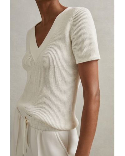 Reiss Rosie - Ivory Cotton Blend Knitted V-neck Top, L - Natural