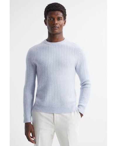Reiss Millerson - Soft Blue Melange Wool-cotton Textured Crew Neck Sweater