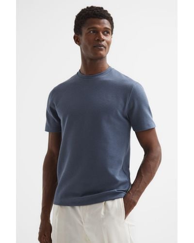 Reiss Cooper - Airforce Blue Textured Cotton Blend Crew Neck T-shirt, L