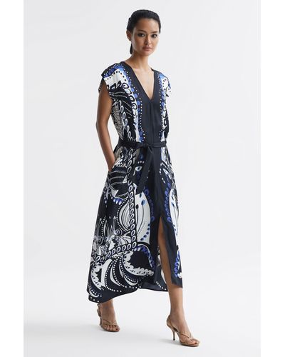 Reiss Freja Abstract-print Woven Midi Dress - Blue