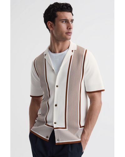 Reiss Heath - White/camel Striped Cuban Collar Shirt, Xs - Natural