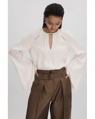 Reiss Gracie - Ivory Cut-out Flute Sleeve Blouse - Brown