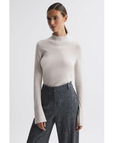 Reiss Kylie - Stone Merino Wool Fitted Funnel Neck Top, L - Gray