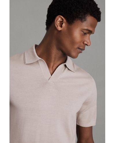 Reiss Duchie - Washed Stone Merino Wool Open Collar Polo Shirt - Multicolor