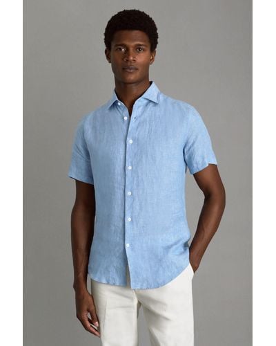Reiss Holiday - Sky Blue Slim Fit Linen Button-through Shirt, Xxl