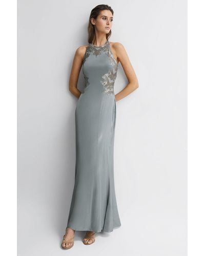 Reiss Fern - Silver Fitted Lace Halter Neck Maxi Dress, Us 6 - Metallic