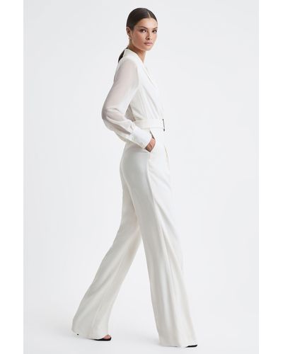 Reiss Flora - Ivory Sheer Belted Double Breasted Jumpsuit - White