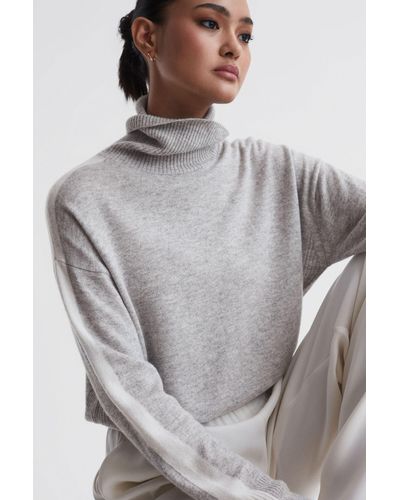 Reiss Alexis - Grey/white Wool Blend Roll Neck Sweater, L - Gray