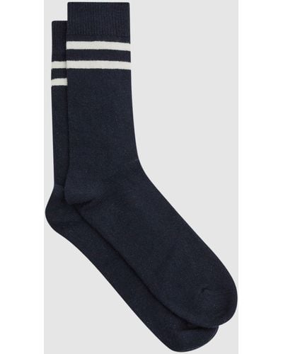 Reiss Alcott - Navy Wool Blend Striped Crew Socks, M/l - Blue