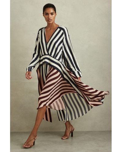 Reiss Nola - Navy/off White Colourblock Stripe Asymmetric Midi Dress, Us 12 - Brown