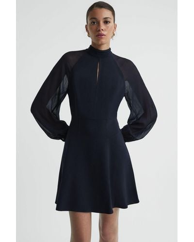 Reiss Perry - Navy Sheer Blouson Sleeve Mini Dress, Us 8 - Blue