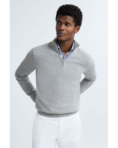 ATELIER Soft Gray Melange Royal Cashmere Half-zip Funnel Neck Sweater