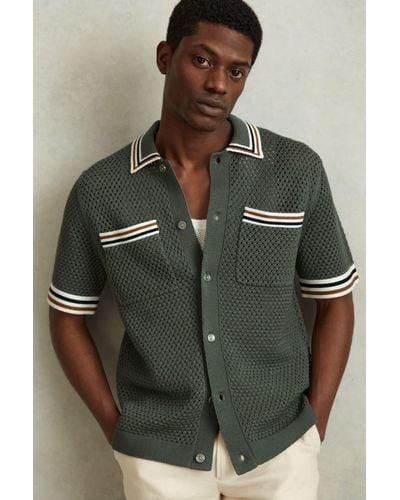 Reiss Coulson - Dark Sage Green Cotton Blend Crochet Shirt