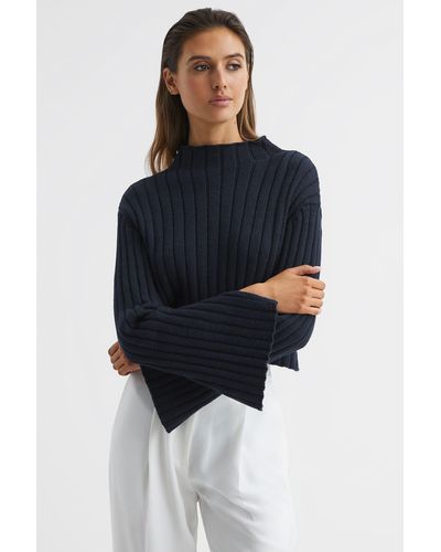 Reiss Gabriella - Navy Funnel Neck Cropped Sweater, Uk X-small - Blue