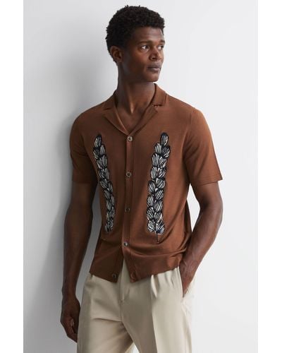 Reiss Script - Tobacco Embroidered Cuban Collar Button Through T-shirt - Brown