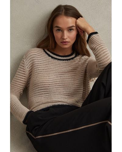 Reiss Astrid - Neutral/navy Linen Blend Knitted Crew Neck Sweater - Brown