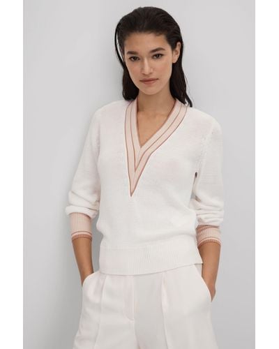 Reiss Tor - Light Pink Contrast V-neck Sweater, M - White