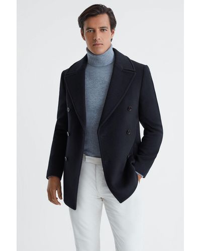 Reiss Bergamo - Light Navy Wool Blend Double Breasted Peacoat - Blue