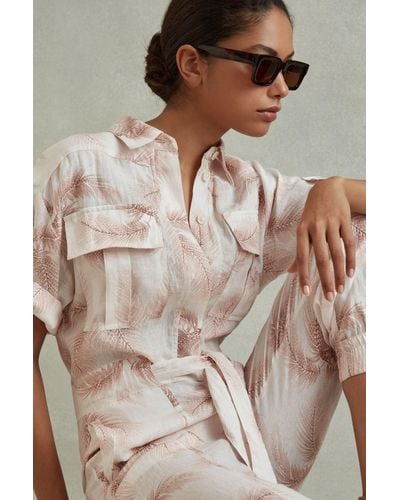 Reiss Kaia - Blush Linen Tropical Print Belted Jumpsuit - Natural