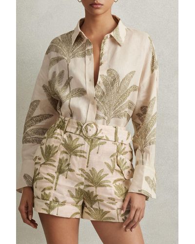 Reiss Cali - Neutral Linen Tropical Print Shorts - Brown