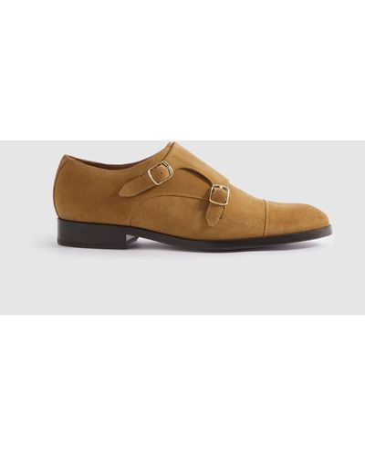 Reiss Amalfi - Stone Suede Double Monk Strap Shoes - Brown