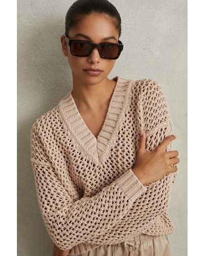 Reiss Larissa - Mink Linen Cotton Open Stitch Sweater - Brown