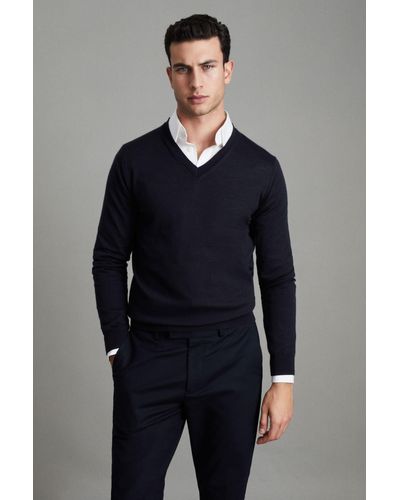 Reiss Earl - Navy Merino Wool V-neck Sweater - Blue