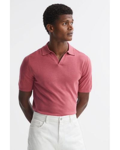 Reiss Duchie - Coral Merino Wool Open Collar Polo Shirt, M - Red