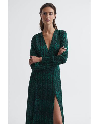 Reiss Greta - Teal Long Sleeve Printed Midi Dress, Us 4 - Green