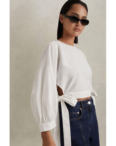 Reiss Immy - Ivory Cropped Blouson Sleeve Top - Natural