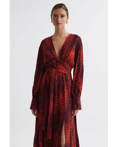 Reiss Maya - Red Petite Animal Print Blouson Sleeve Midi Dress