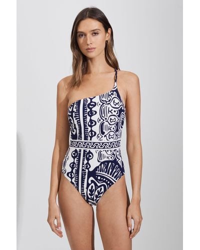 Reiss Olivia - Navy/white Printed One-shoulder Swimsuit - Blue