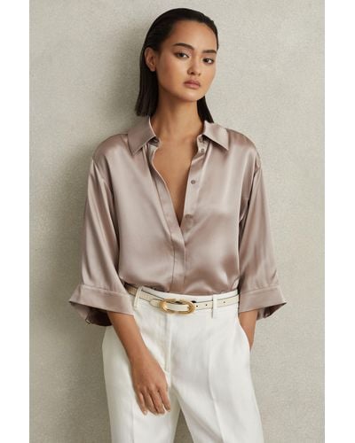 Reiss Winnie - Champagne Silk Relaxed Sleeve Blouse, Us 6 - Brown