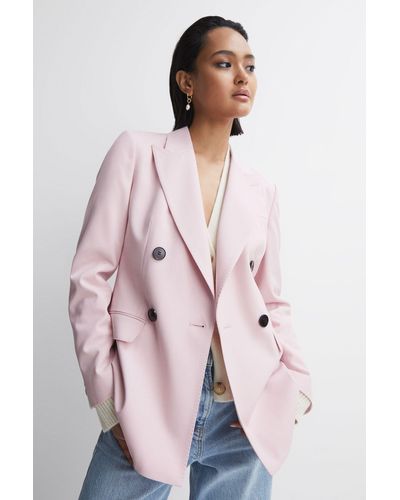 Reiss Evelyn - Pink Tailored Wool Blend Double Breasted Blazer, Us 10