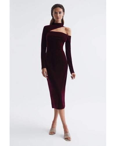 Reiss Tatiana - Burgundy Petite Velvet Cut-out Shoulder Dress, Us 6 - Blue