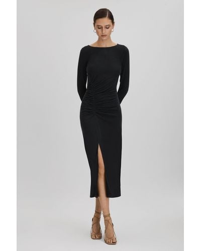 Reiss Lana - Charcoal Ruched Jersey Midi Dress - Black