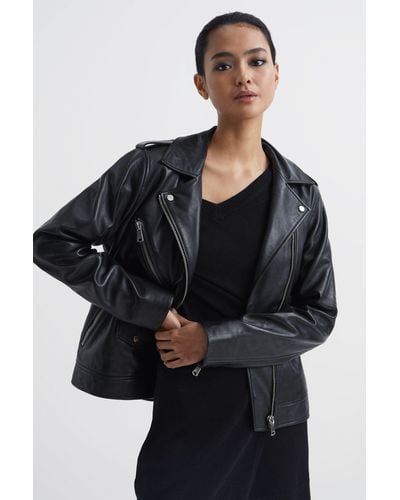 Reiss Sutton - Black Oversized Leather Biker Jacket, Us 8