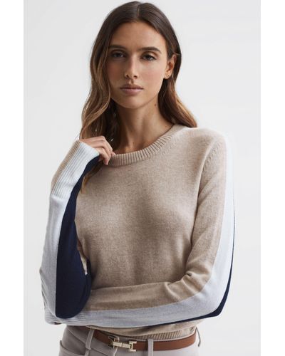Reiss Addison - Cream/navy Wool Blend Colourblock Sweater - Brown