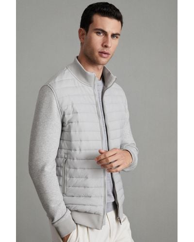 Reiss Freddie - Soft Gray Melange Hybrid Quilt And Knit Zip-through Jacket