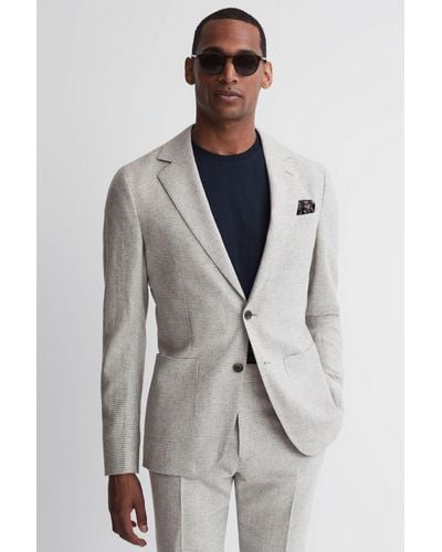 Reiss Flock - Soft Gray Slim Fit Single Breasted Checked Wool Blazer