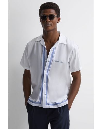 Reiss Chateau - White/blue | Ché Motif Cuban Collar Button-through Shirt
