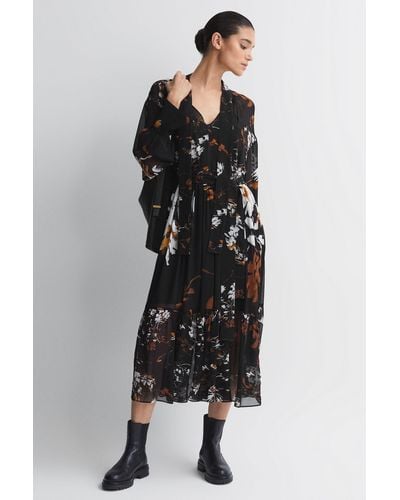 Reiss Charlotte - Black/brown Floral Neck Tie Midi Dress