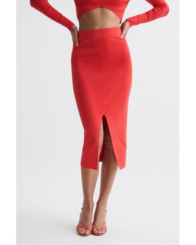 Reiss Erin - Pink Knitted Co Ord Midi Skirt, Uk X-small - Red